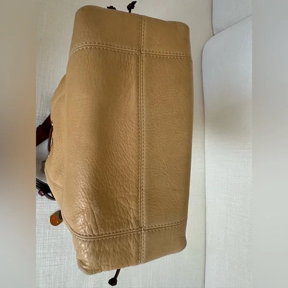 Vintage Dooney & Bourke Tan and Brown Leather Drawstring Bucket Bag